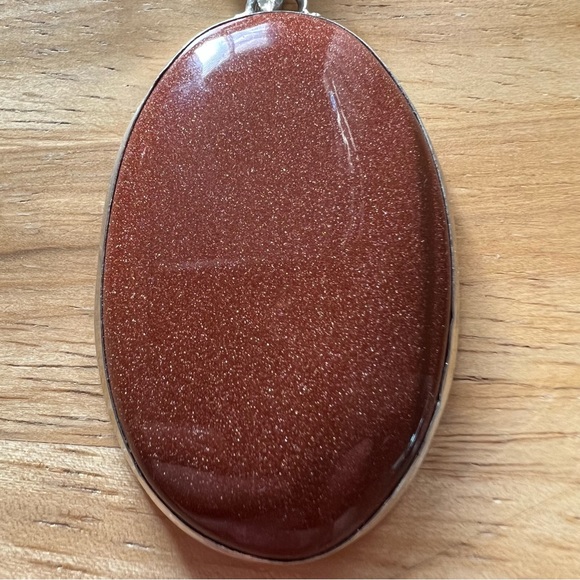New Sandstone Goldstone Oval Silver Overlay Pendant Necklace w Cord - Picture 8 of 9